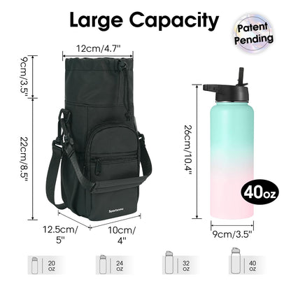 sportsnew Water Bottle Holder with Strap 32oz 40oz Insulated Water Bottle Carrier Sling Bag with Phone Pocket Tumbler Bag Cup Sleeve Crossbody Pouch for Walking Hiking Travelling, Black