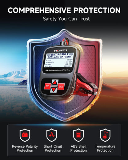 FOXWELL BT100 PRO 12V Car Battery Tester, 100-1100CCA Battery Load Tester, Automotive Digital Analyzer for Cars Trucks Motorcycles SUVs and Marine