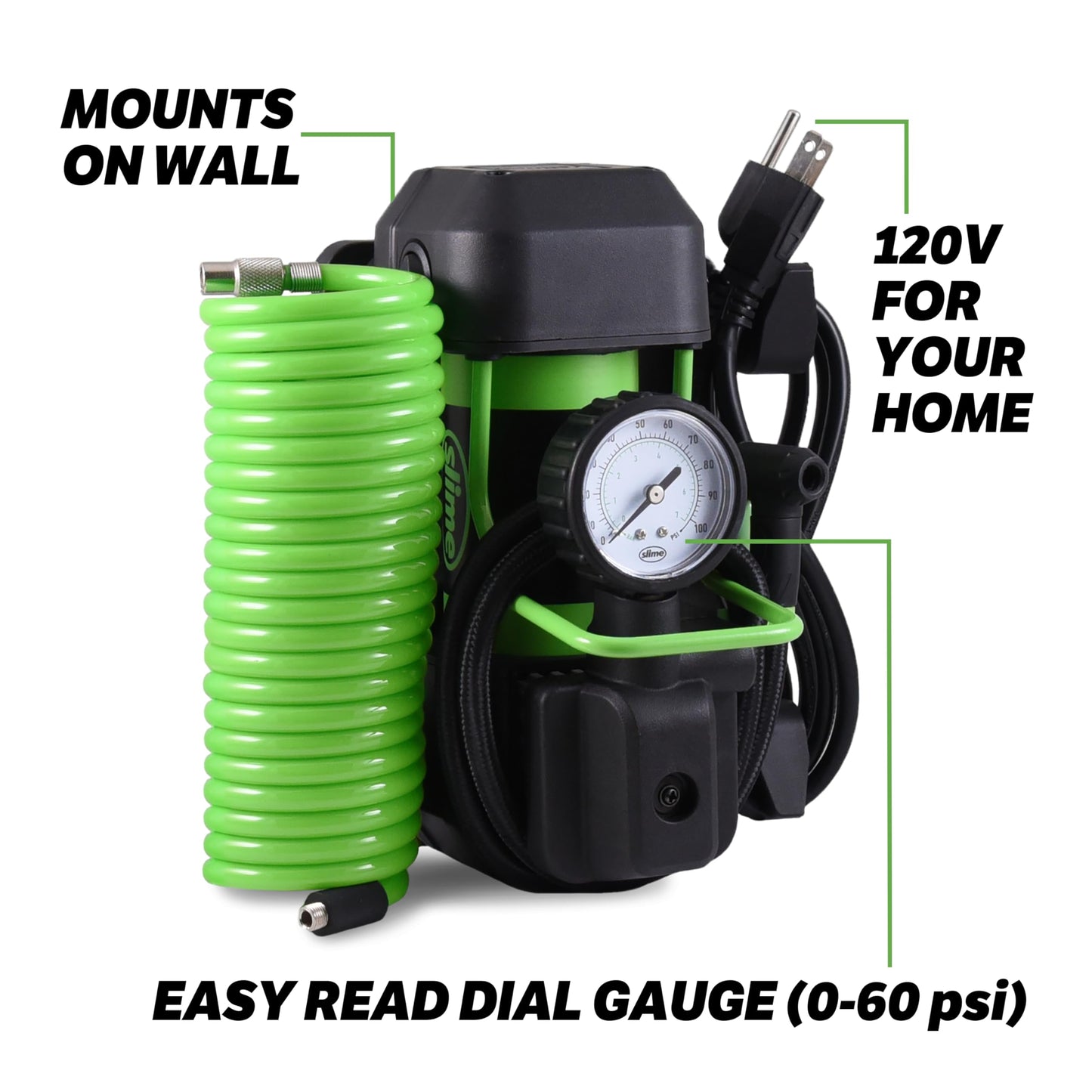 Slime 40045 Home Tire Inflator, Wall Mounted 120V, SUV, 4x4 Air Compressor, Heavy Duty, 2X Pro Power, with Analog 100 psi Dial Gauge, Long Hose and LED Light, 4 min Inflation