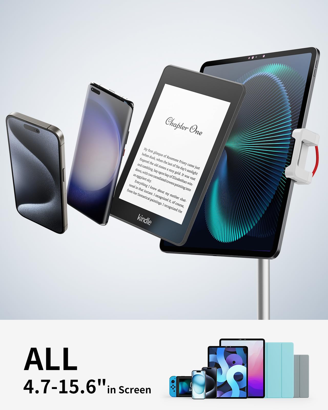 SAIJI Tablet Stand Holder, Height Adjustable Portable Monitor Stand, 360 Degree Rotating, Aluminum Alloy Cradle Mount Dock for 4.7"-15.6" Screen iPhone Samsung, iPad, Kindle, eBook Reader (Silver)