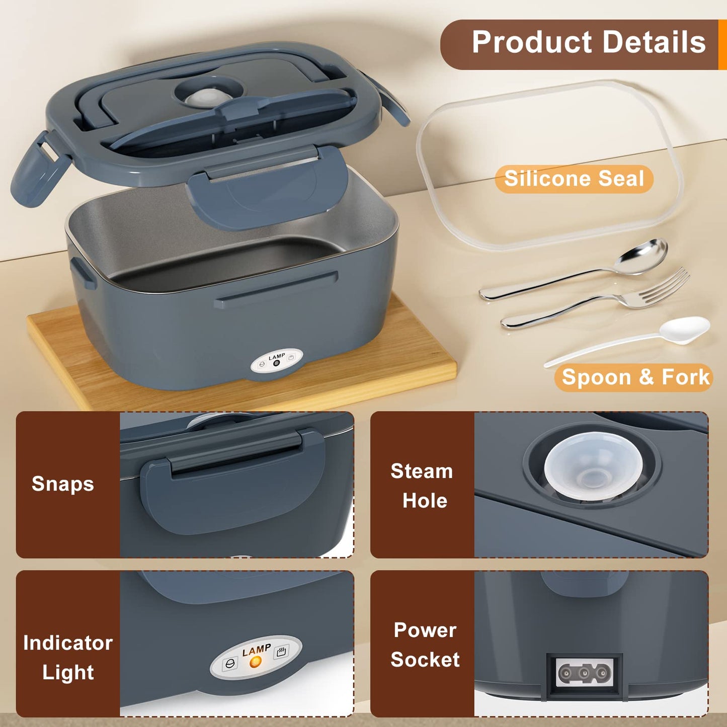 Akhia 80W Fast Electric Lunch Box for Adults 1.5L Portable Heated Lunch Box with 12V/24V/110V Includes Stainless Steel Container, Fork & Spoon & Insulated Bag (Ideal for Car/Truck/Office Use)