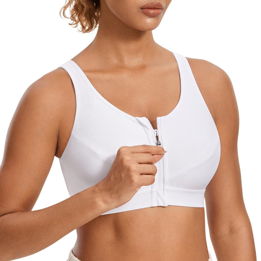 SYROKAN Women's Zip Front High Impact Wireless Racerback High Support Zipper in Front Sports Bra White 36D