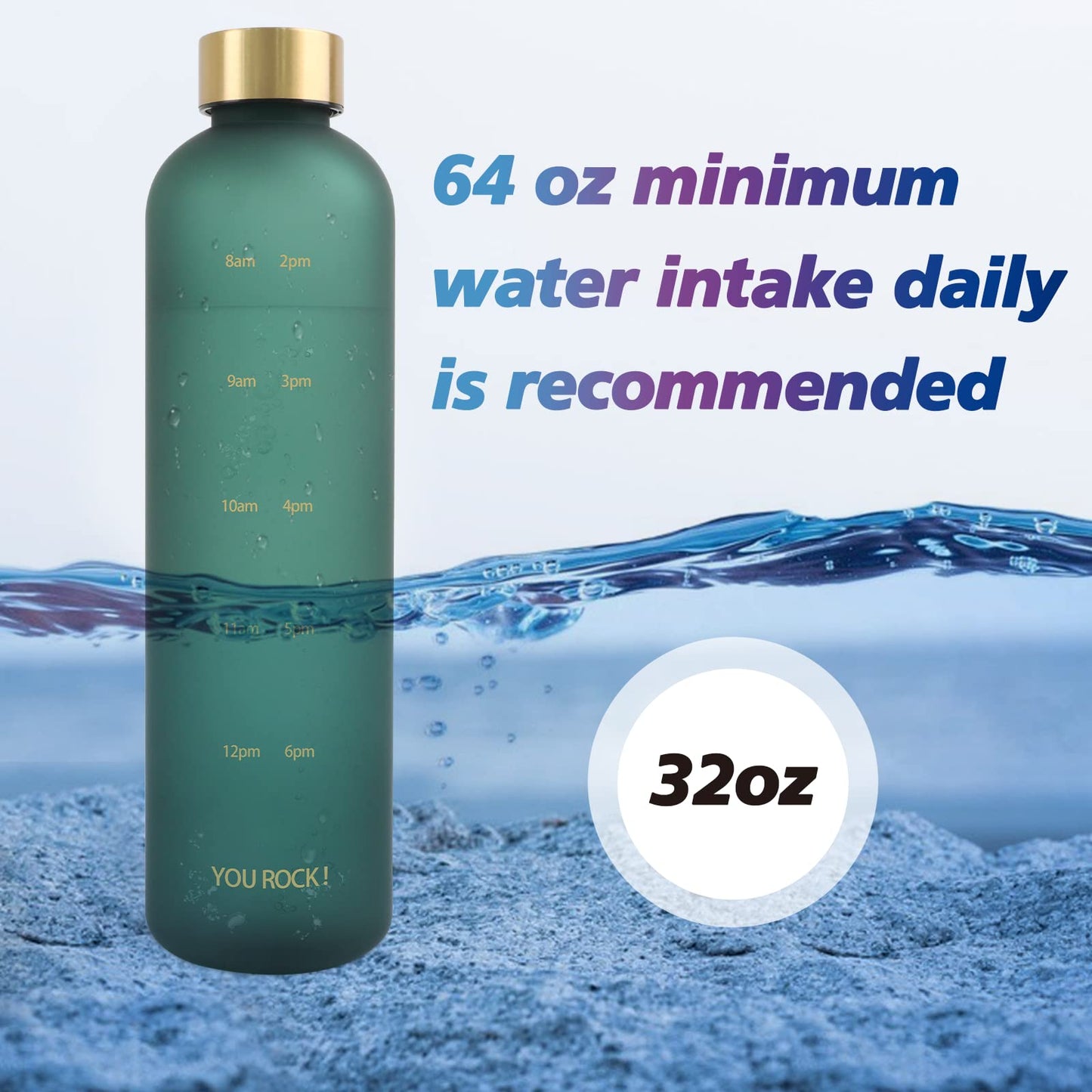 ZAKVOP 32oz Water Bottles with Times to Drink, Motivational Water Bottle with Time Marker, BPA Free Reusable Water Bottle with Hydrating Reminder for Gym Fitness Workout Travel (Green)