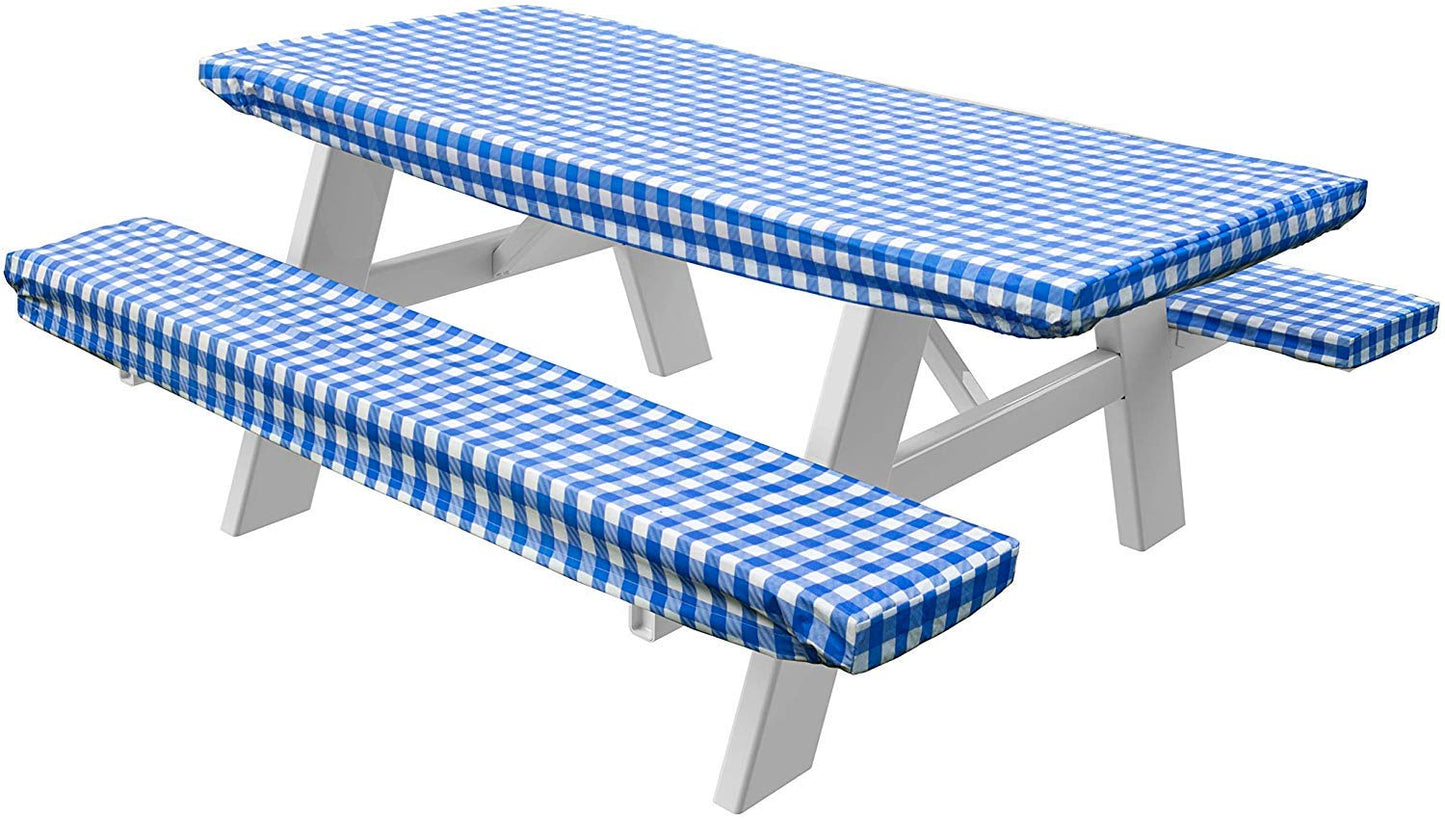 Violet Linen Deluxe Checkered Gingham Pattern, Vinyl Tablecloth Elestic, Polyester Flannel Backed Lining, Blue, 28 x 72 Inch, 3-Piece Set, Picnic Table and Bench Fitted Table Cover