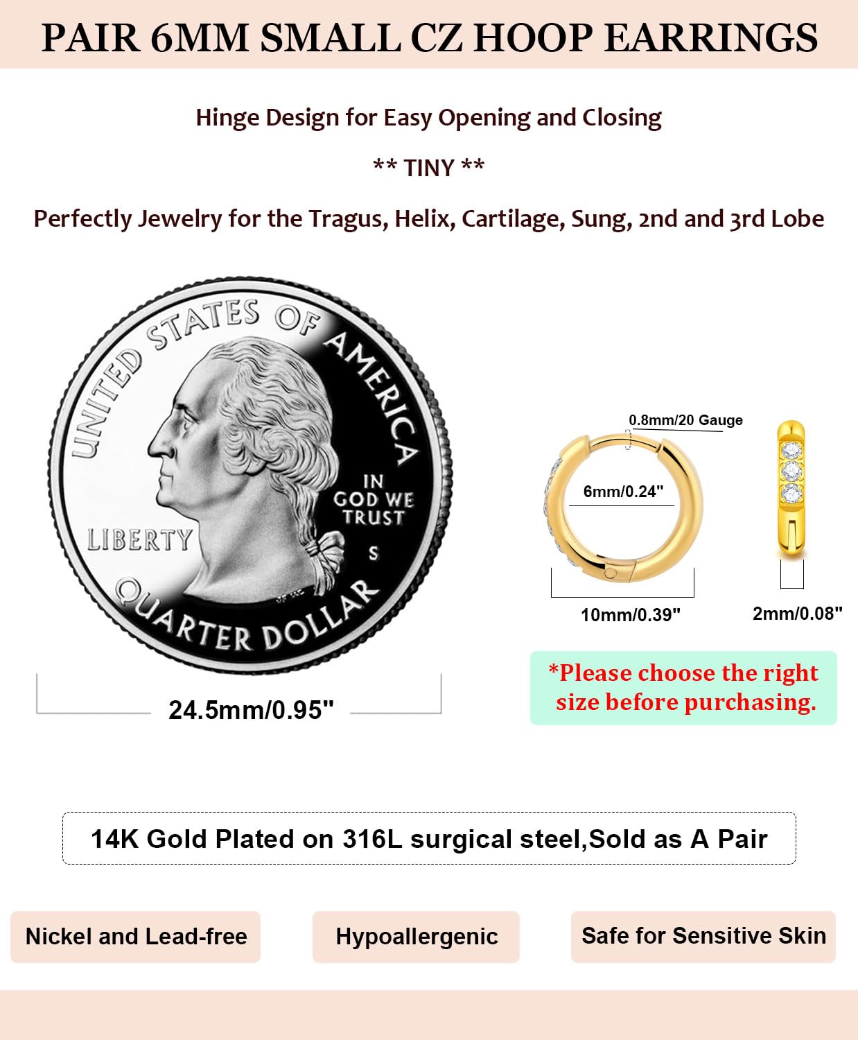 Small Gold Hoop Earrings for Women Men,14K Gold Plated in 316L Surgical Steel Hinge Huggie Hoop Earrings fit Cartilage Helix Tragus Sung Earlobe Lightweight Hypoallergenic Earrings (1 Pair-6mm)