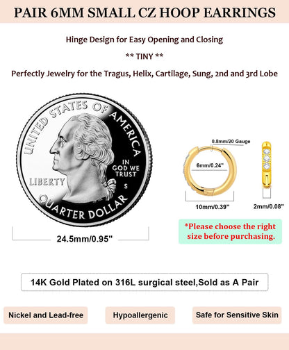Small Gold Hoop Earrings for Women Men,14K Gold Plated in 316L Surgical Steel Hinge Huggie Hoop Earrings fit Cartilage Helix Tragus Sung Earlobe Lightweight Hypoallergenic Earrings (1 Pair-6mm)