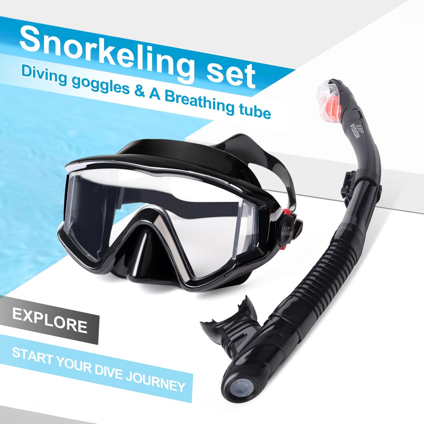Snorkel Set Pano 3 Window Adult Snorkeling Gear, Professional Snorkel Goggles Anti-Fog Diving Mask, Anti-Leak Swim Goggles and Dry Top Snorkel for Diving, Snorkeling, Swimming (Black)