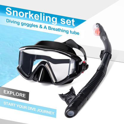 Snorkel Set Pano 3 Window Adult Snorkeling Gear, Professional Snorkel Goggles Anti-Fog Diving Mask, Anti-Leak Swim Goggles and Dry Top Snorkel for Diving, Snorkeling, Swimming (Black-2 Pack)