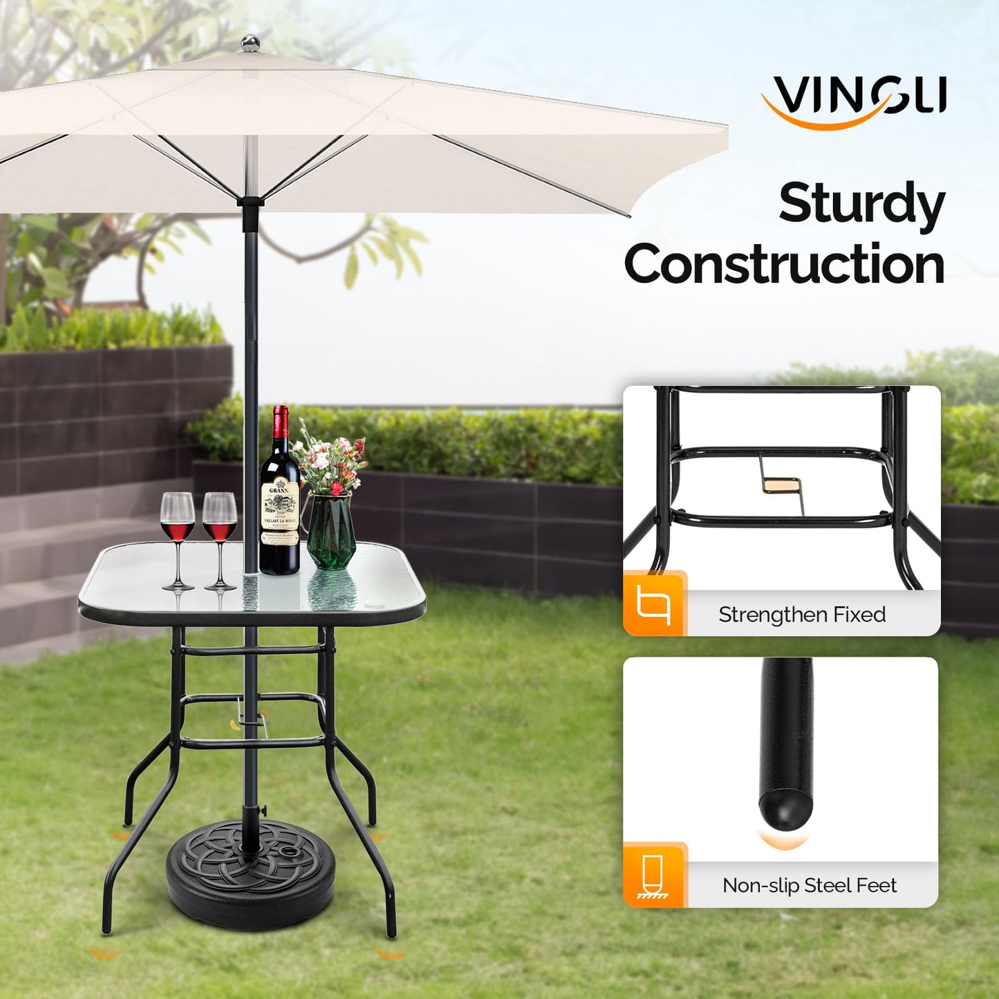 VINGLI Glass Patio Table with Umbrella Hole, 32" Square Outdoor Dining Table Steel Tempered Glass Patio Tables Outdoor Tables for Balcony Garden Deck