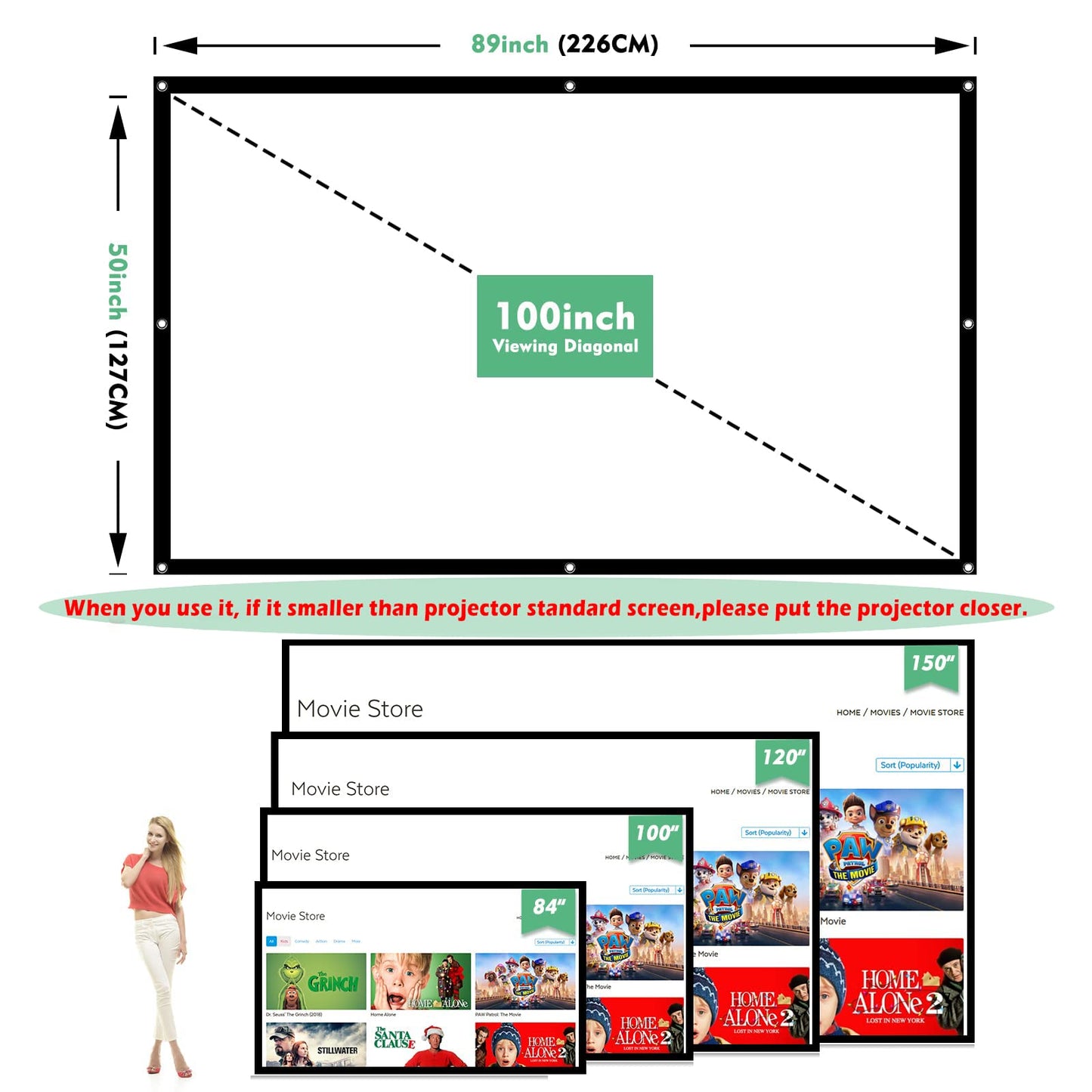 Projector Screen 100 inch, Taotique 4K Movie Projector Screen 16:9 HD Foldable and Portable Anti-Crease Indoor Outdoor Projection Double Sided Video Projector Screen for Home, Party, Office, Classroom