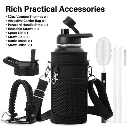 DYSANKY 32 oz Insulated Water Bottle | Thickened Stainless Steel Vacuum Metal | Portable Sports Water Jug for Gym and Hiking with Straw, Carrier Bag, Handle Strap | BPA-Free 32 oz, Black