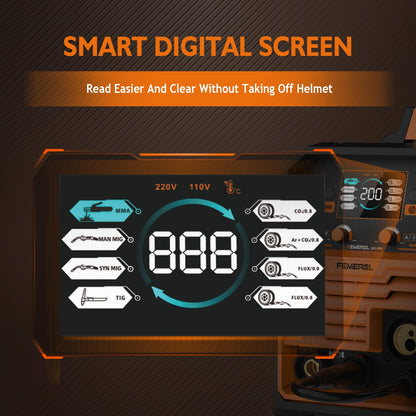 FEMEROL 200A MIG Welder,4 in 1 Gas MIG/Gasless Flux Core/Stick/Lift TIG Multi-process Welding Machine Large LED Display 110V/220V Multi Welder