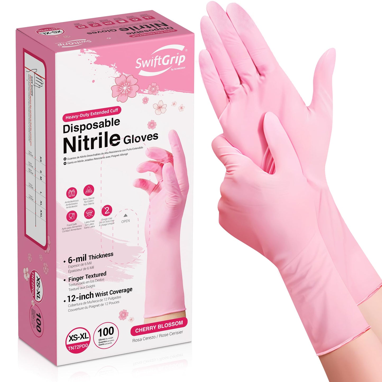 SwiftGrip Disposable Nitrile Dishwashing Gloves, Extended 12 Inches Cuff, 6-mil, Small, Cherry Blossom Cleaning Gloves for Latex-Free, Ideal for Cooking, Hair Dye, Spa (Box of 100)