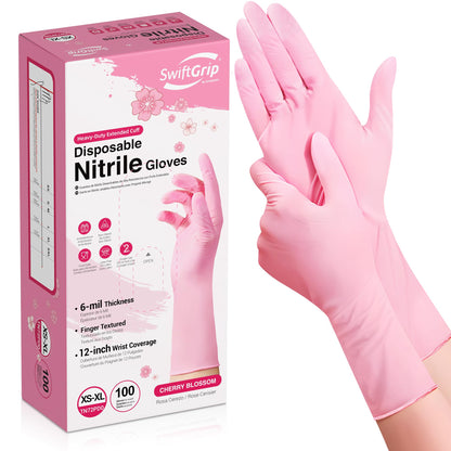 SwiftGrip Disposable Nitrile Dishwashing Gloves, Extended 12 Inches Cuff, 6-mil, Small, Cherry Blossom Cleaning Gloves for Latex-Free, Ideal for Cooking, Hair Dye, Spa (Box of 100)