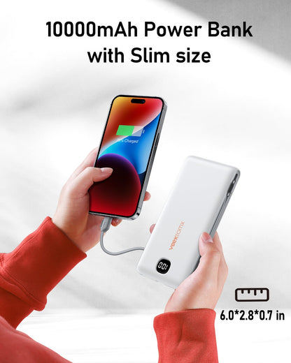 VEEKTOMX Portable Charger with Built in Cables 10000mAh, Power Bank for iPhone with Wall Plug, Travel Essential Fast Charging USB C Slim External Battery Pack for iPhone16/15/14, Samsung, iPad, etc