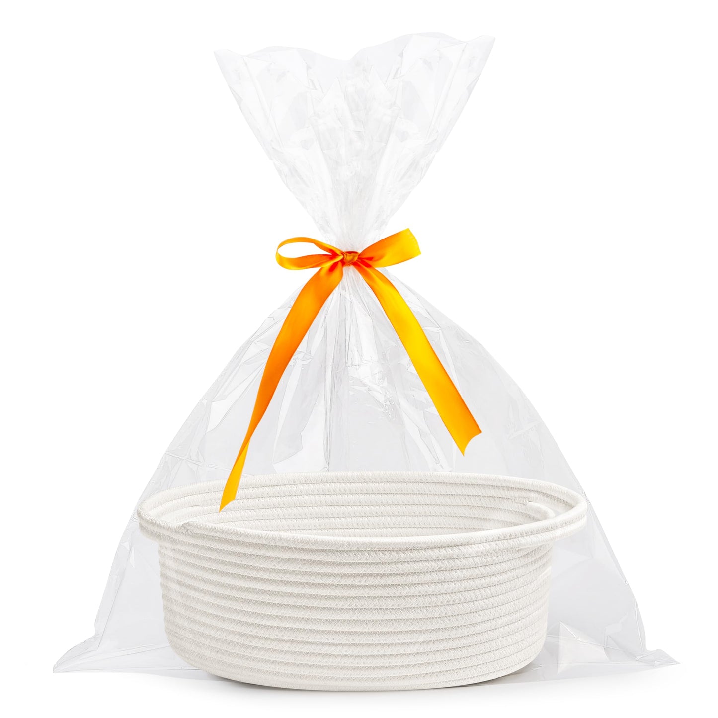 Pro Goleem Small Woven Basket with Gift Bags and Ribbons Durable Baskets for Halloween Gifts Empty Small Rope Basket for Storage 12"X 8" X 5" Baby Toy Baskets with Handles, White