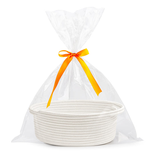 Pro Goleem Small Woven Basket with Gift Bags and Ribbons Durable Baskets for Halloween Gifts Empty Small Rope Basket for Storage 12"X 8" X 5" Baby Toy Baskets with Handles, White