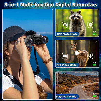 12x32 Binoculars for Adults, Digital Binoculars with Camera 5MP Photo Full HD Video 2" LCD Display Screen with 32GB Micro SD Card for Bird Watching Hunting Football Concerts Theatre (Silver)