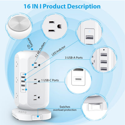 Tower Power Strip Flat Plug with 12 Outlets 4 USB(1 USB C),AOFO Surge Protector Charging Station with Overload Protection, Widely Spaced Multiple Outlets 10Ft Extension Cord for Home, Dorm,Office