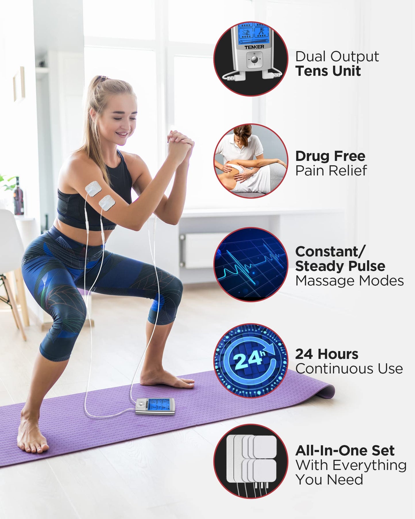 TENKER TENS Unit Muscle Stimulator, 24 Modes EMS Machine for Pain Relief Therapy/Pain Management, Rechargeable Electronic Pulse Massager with 2"x2" and 2"x4" Electrode Pads (Silver)