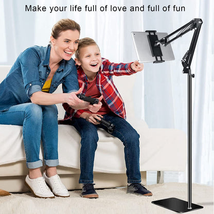 Tablet Floor Stand with Heavy Duty Base, Overhead Bed phone Stand Angle Height Adjustable Arm Stretchable Stand Holder, Compatible with iPad Mini Air Pro, Galaxy Tab, Kindle, E-Readers,Cell Phones