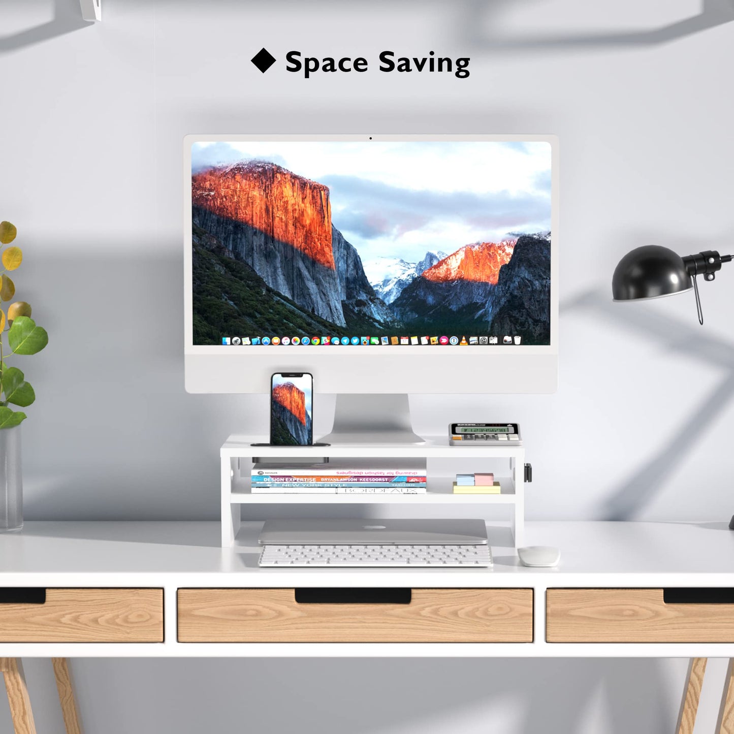 BONTEC Wooden Monitor Stand Riser, 2-Tier Desk Shelf with Storage Organizer, Ergonomic Computer Stand with Cable Management, Cellphone Holder, White, 16.5 Inch