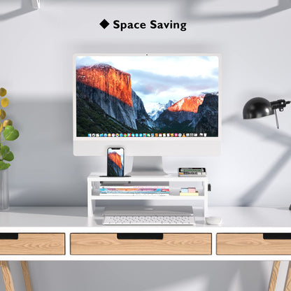 BONTEC Wooden Monitor Stand Riser, 2-Tier Desk Shelf with Storage Organizer, Ergonomic Computer Stand with Cable Management, Cellphone Holder, White, 16.5 Inch