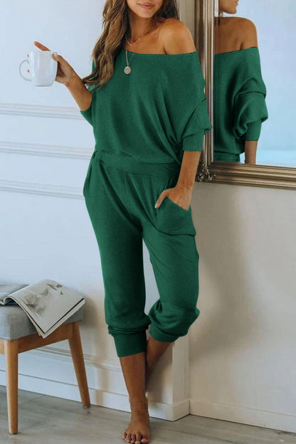 PRETTYGARDEN Two Piece Sets for Women Fall 2025 Ribbed Knit Off Shoulder Tops Lounge Pants Tracksuit Fashion Clothing (Green,Medium)