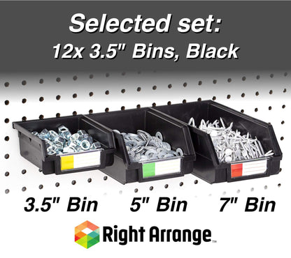 Right Arrange Pegboard Bins - 12 Pack Black - Hooks to Any Peg Board - Organize Hardware, Accessories, Attachments, Workbench, Garage Storage, Craft Room, Tool Shed, Hobby Supplies, Small Parts