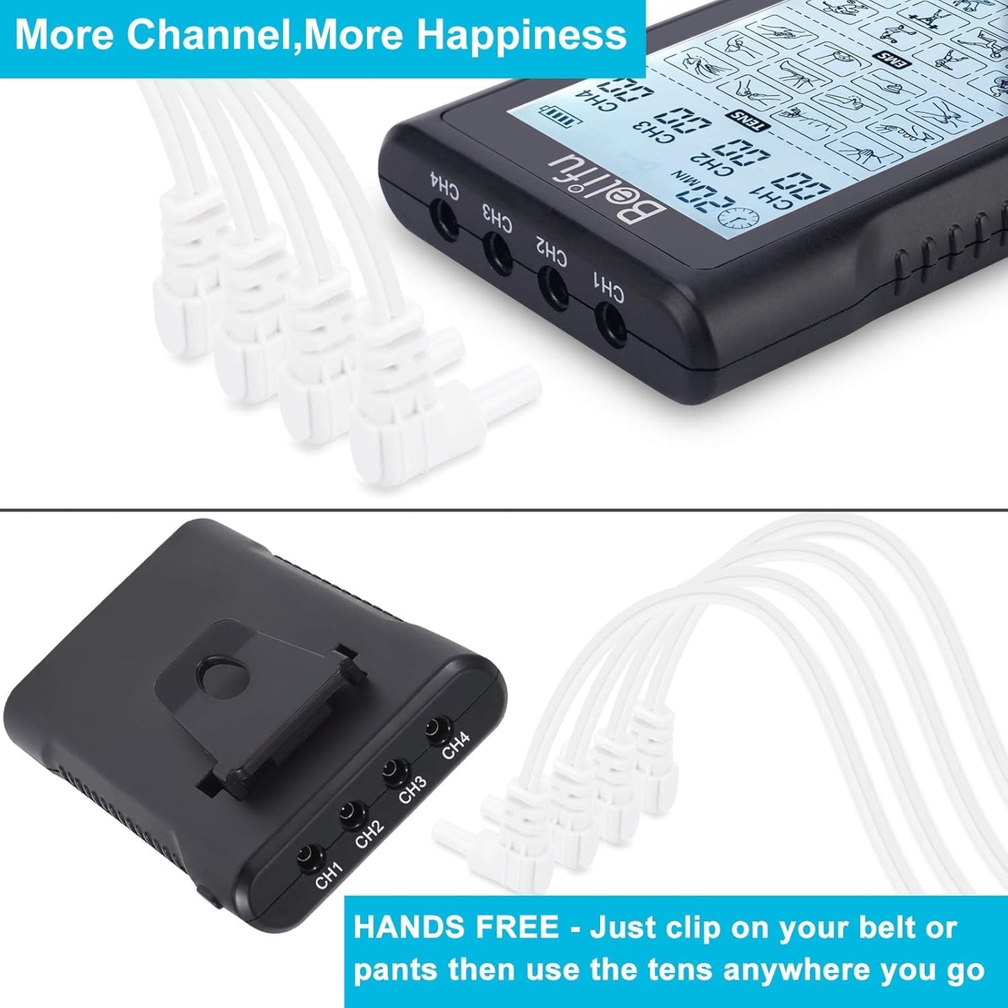 Belifu 4 Channel Tens Unit Electro Muscle Stimulator, Fully Isolated with Independent 24 Modes, Rechargeable Pulse Massager with Electrodes Pads for Neck Back Arms Chronic Pain Relief Body Building