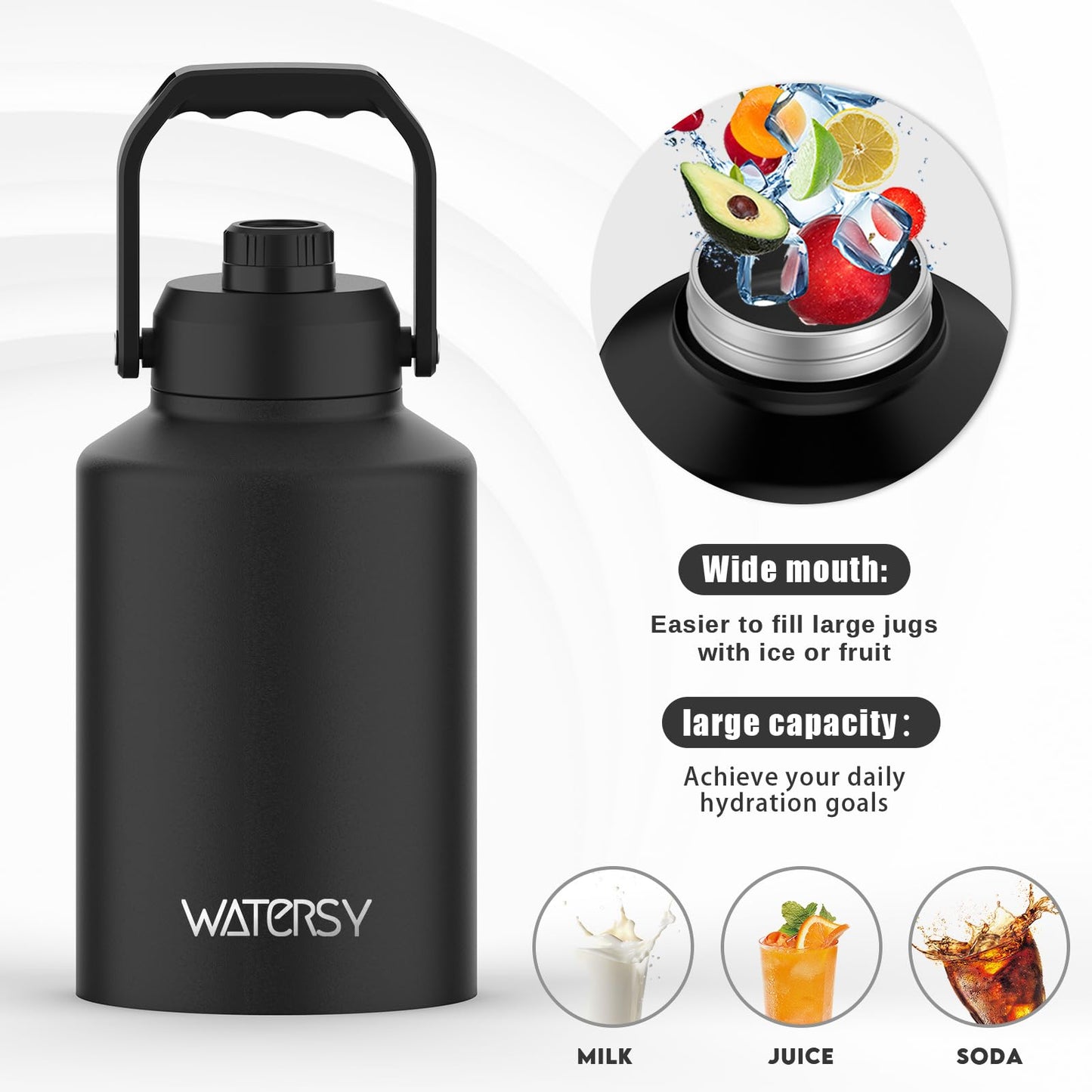 WATERSY 1 Gallon Water Bottle Insulated(Cold for 48 Hrs),BPA Free&Leak Proof,128oz Stainless Steel Water Jug,Big thermo,Large Water Bottle with Handle for Gym,Hiking,Camping&Travel,Black