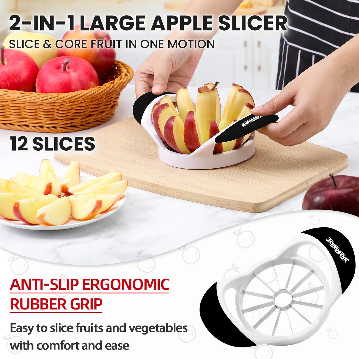 SCHVUBENR 4.72 Inch Large Apple Slicer with 12 Blades - Professional Apple Cutter - Stainless Steel Apple Corer - Sharp Apple Slicer and Corer - Apple Corer Tool - Dishwasher Safe(Black)