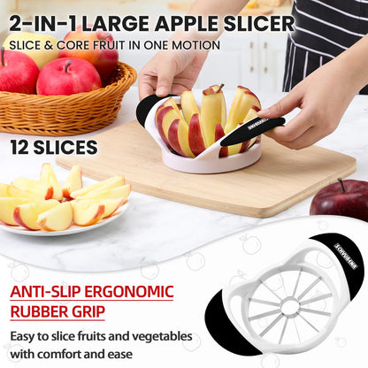 SCHVUBENR 4.72 Inch Large Apple Slicer with 12 Blades - Professional Apple Cutter - Stainless Steel Apple Corer - Sharp Apple Slicer and Corer - Apple Corer Tool - Dishwasher Safe(Black)