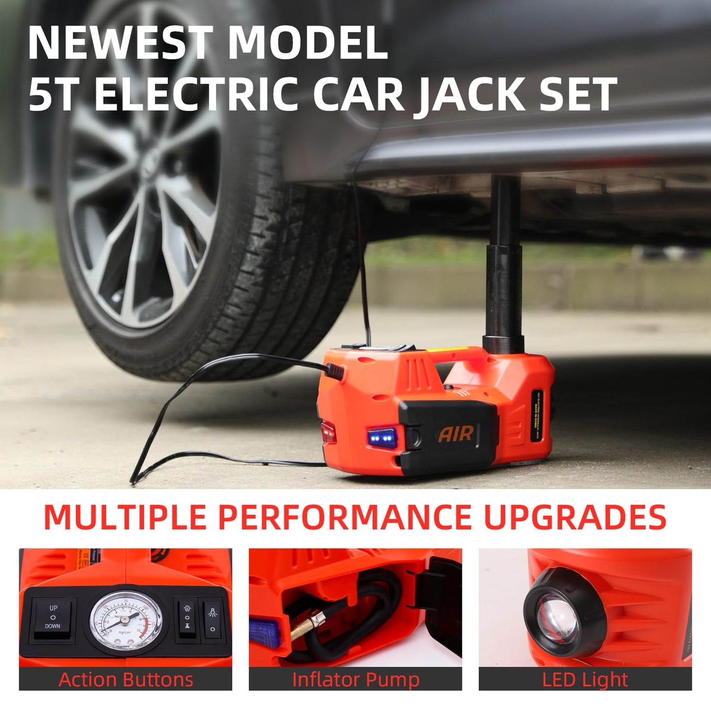 ROGTZ Electric Hydraulic Car Jack Kit 5 Ton 12V Portable Lift Range 17.7 Inch with Tire Inflator Pump for SUV Sedan Truck Car Repair Floor Jack for Vehicle Tire Change with LED Light Jack Only