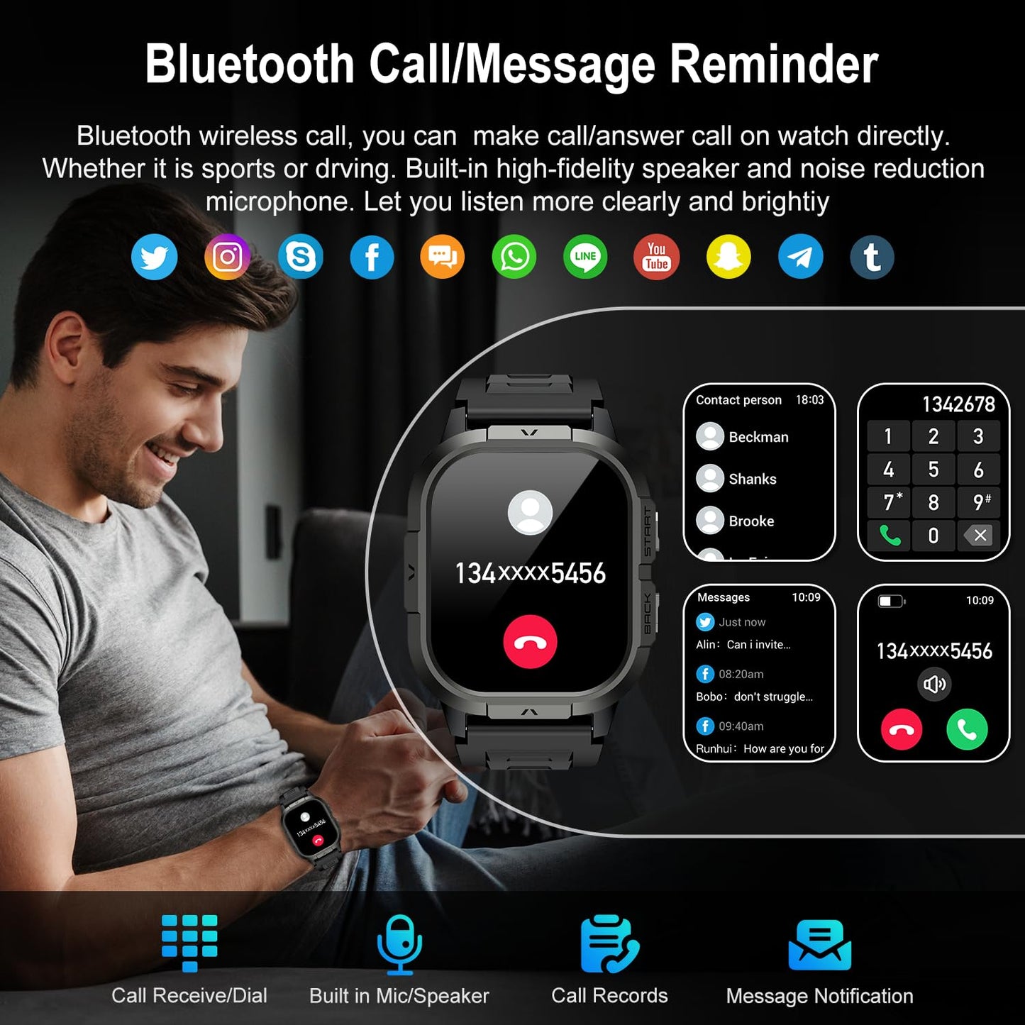 Smart Watch for Men Fitness Tracker: Make/Answer Call Military Smart Watches for Men Digital Mens Watches Running Waterproof Smartwatch Android Phones iPhone Samsung Compatible Heart Rate Monitor