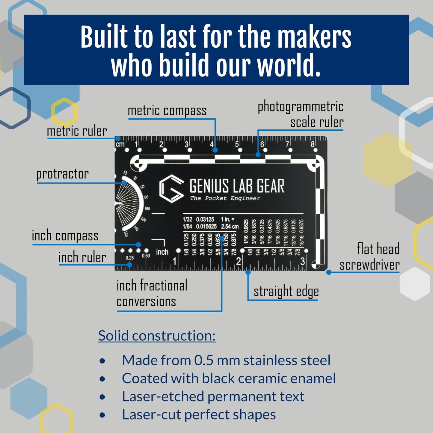 The Authentic Pocket Engineer - Small Metal Engineering Ruler Protractor Compass Scale, Techie Graduation Gadget Multitool, Mechanical/Civil Engineers Gift, Metric Mini 3 Inch Tool- Genius Lab Gear