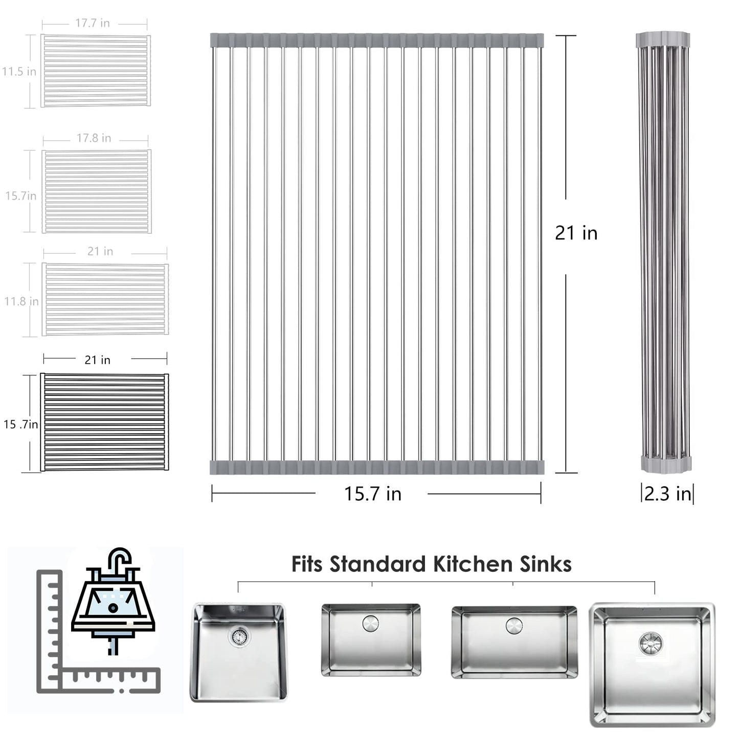 Tomorotec Roll Up Dish Drying Rack Over The Sink Grey Large Dish Drying Rack Rolling Foldable Collapsible SUS304 Stainless Steel Multipurpose Dish Drainer for Kitchen Counter (21”x15.7”)