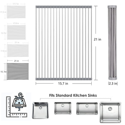 Tomorotec Roll Up Dish Drying Rack Over The Sink Grey Large Dish Drying Rack Rolling Foldable Collapsible SUS304 Stainless Steel Multipurpose Dish Drainer for Kitchen Counter (21”x15.7”)