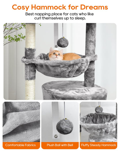 SYANDLVY Small Cat Tree for Indoor Cats, Activity Cat Tower with Scratching Post for Kittens, Modern Cat Furniture with Basket & Hanging Ball for Play Rest, Grey