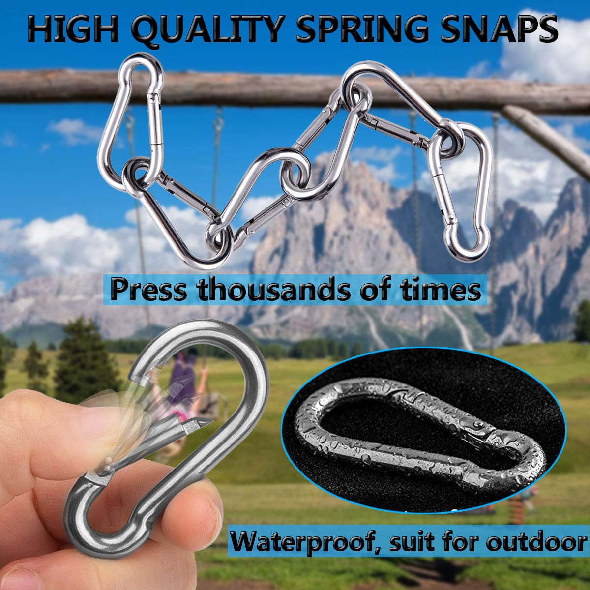 Spring Snap Hooks, 304 Stainless Steel Metal Clip Heavy Duty Rope Connector Small Snap Clamp Key Chain Link Buckle for Hammock Swing Set Outdoor Travel Camping Fishing Hiking