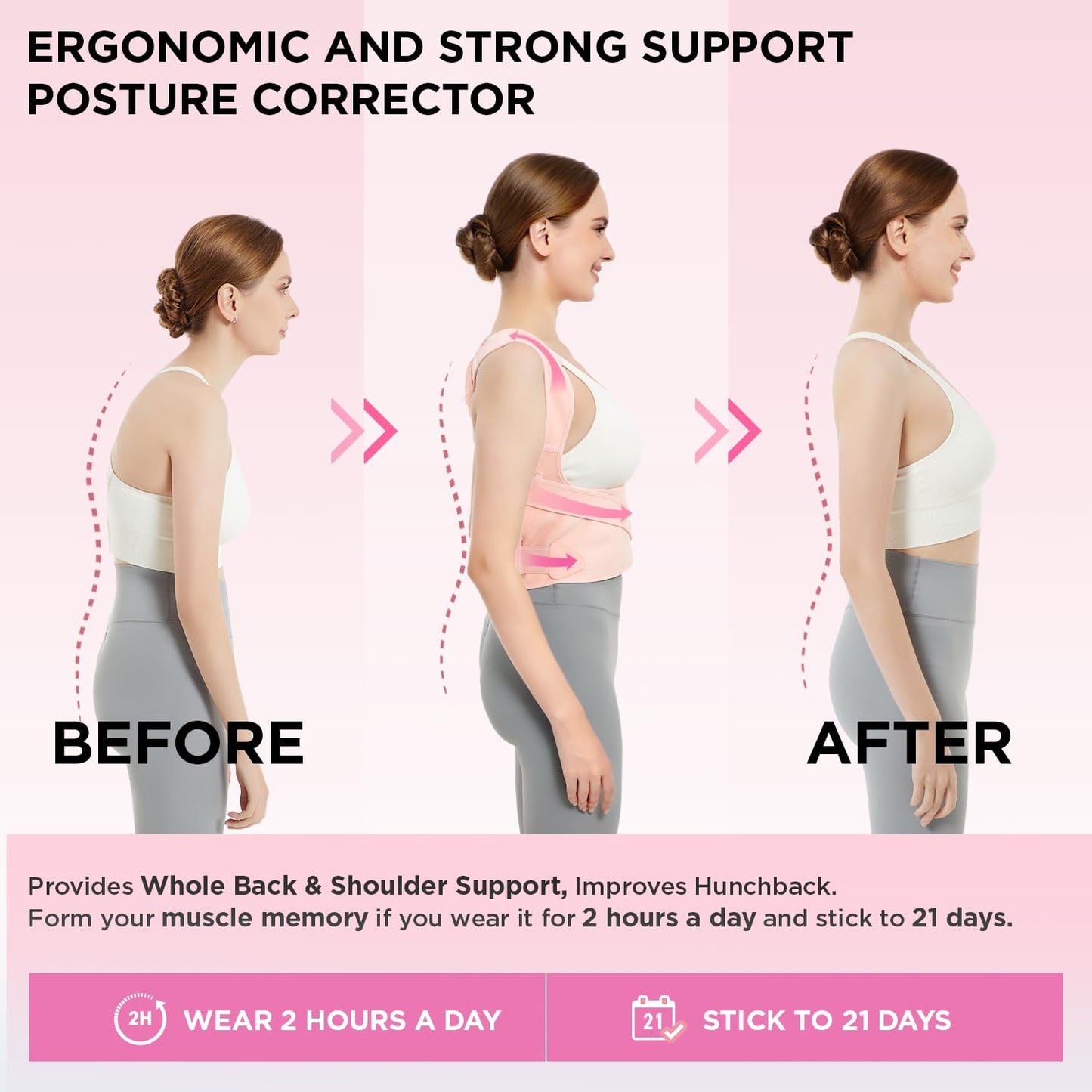 Vicorrect Posture Corrector for Women and Men: Back Support Brace Upper Back Shoulders Pain Relif (Pink, Medium)