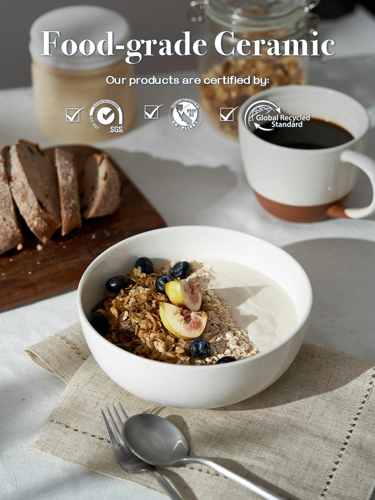 DOWAN 39 OZ Large Deep Bowls Set of 4 - White Ceramic Bowls for Ramen, Pasta, Salad, Mixed Fruit - Dishwasher & Microwave Safe (Soft White)