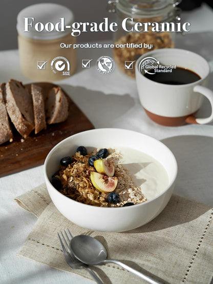 DOWAN 39 OZ Large Deep Bowls Set of 4 - White Ceramic Bowls for Ramen, Pasta, Salad, Mixed Fruit - Dishwasher & Microwave Safe (Soft White)