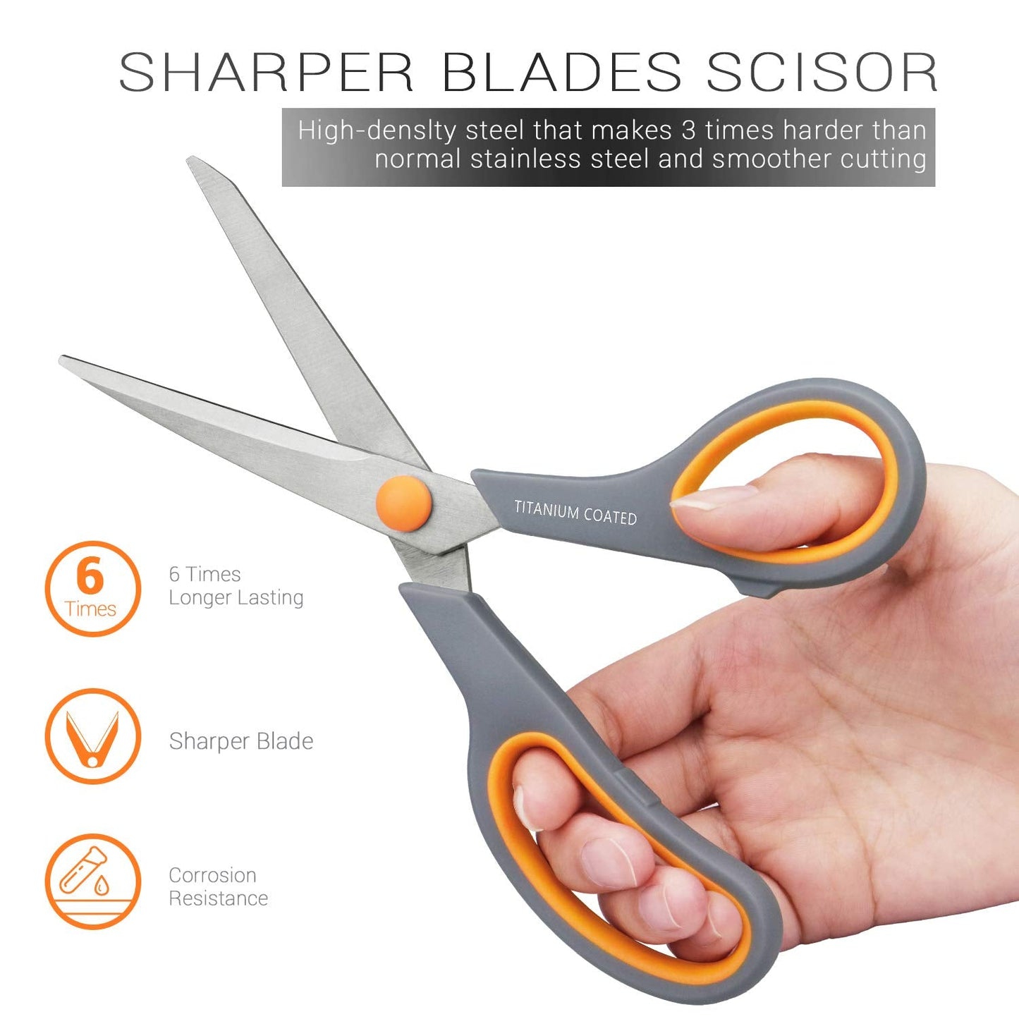 Scissors 8" Multipurpose Titanium Coated Sturdy Sharp Scissors Right/Left Handed Comfort-Grip Handles for Office Home School Sewing Fabric Craft Supplies Gray