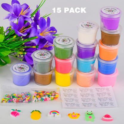 WUHUANIU 15 Pack Mini Slime, Butter Slime Party Favors, Soft Non-Sticky and Stretchy Slime Kit for Classroom Prizes, Christmas Stocking Stuffers, Goodie Bag Stuffers for Kids Boys Girls, N001 N002