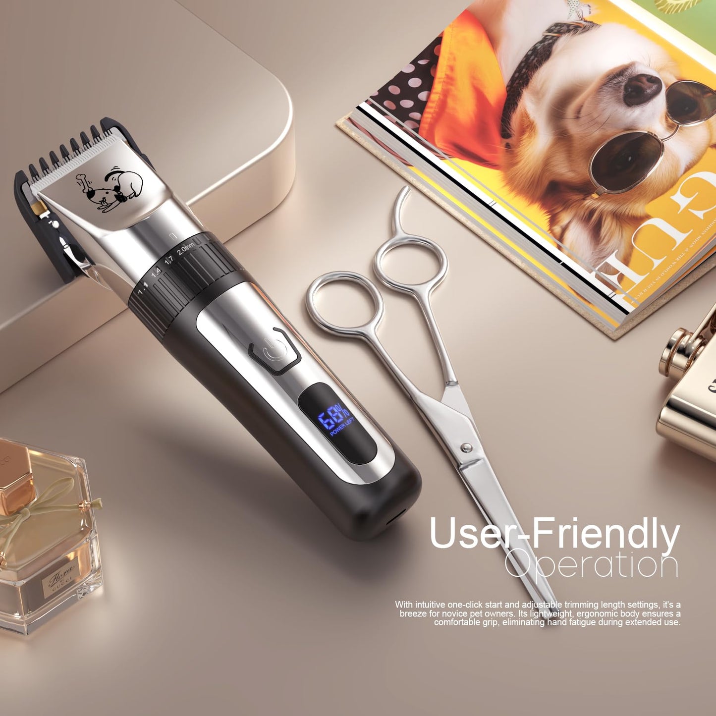 AJELU Dog Grooming Clipper Kit, Cordless Low Noise Rechargeable Electric Trimmer With Adjustable Comb & Detachable Blades, Suitable for Dogs, Cats, Pets