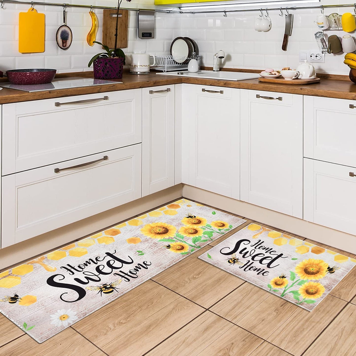 WERNNSAI Sunflower Kitchen Decor Rugs Set- 2 Piece Kitchen Mats Non-Slip Kitchen Backing Area Rugs Sweet Home Doormat Washable Waterproof Standing Mat for Indoor Outdoor Entry Floor (Sunflower A)