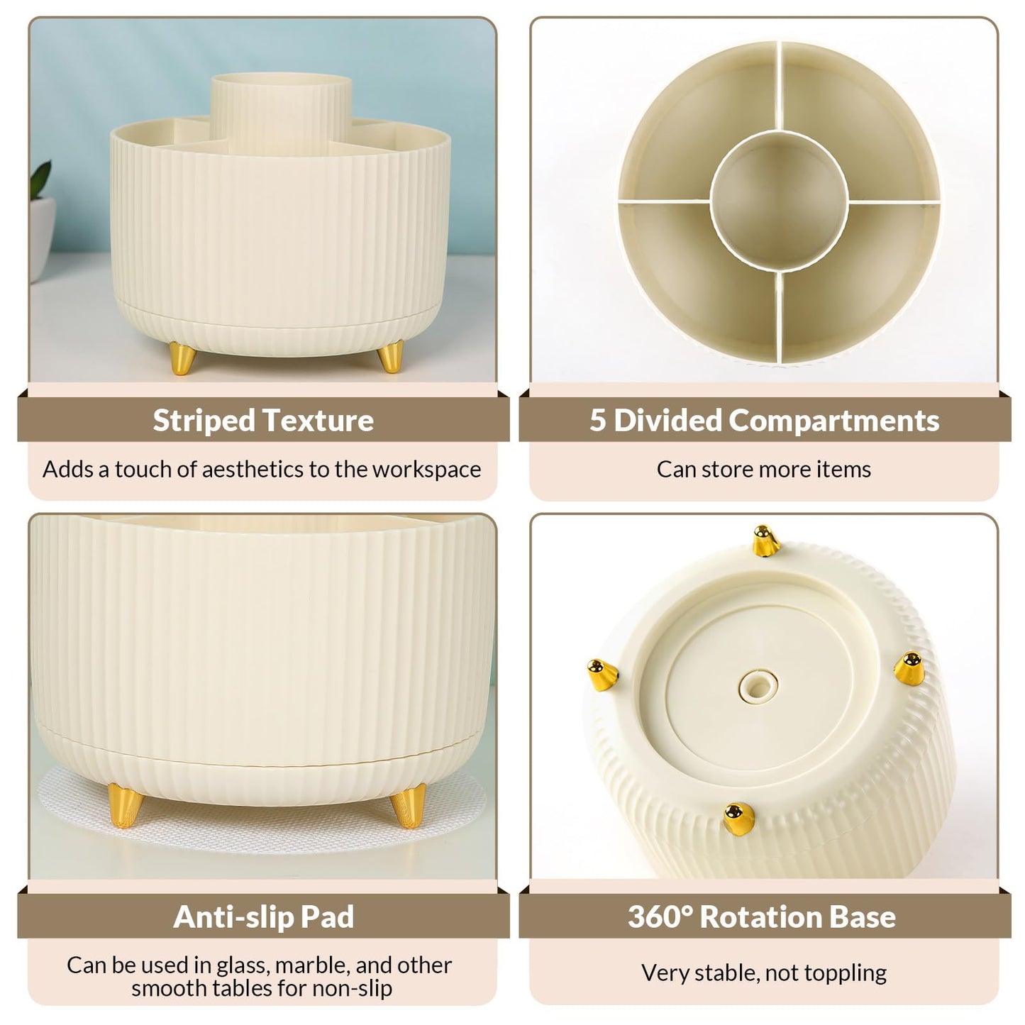 SKYDUE 360 Rotating Plastic Desk Pen Organizer with 5 Slots, Dual-Purpose Art Supply Pencil Cup for Office, School, Home