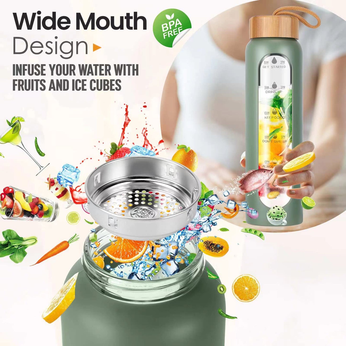 Aqulea Glass Water Bottles 32 Oz with Silicone Sleeve - BPA Free Reusable Wide Mouth Glass Motivational Water Bottles with Fruit Infuser – Leak Proof Borosilicate Water Bottle with Time Marker (Green)