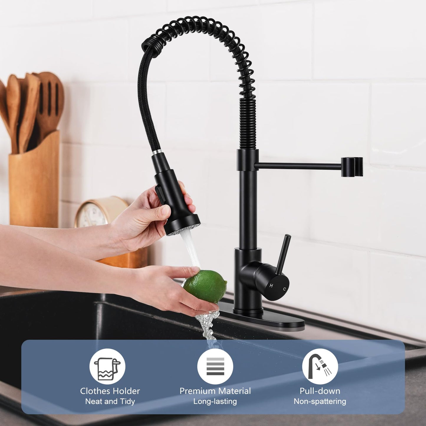 DJS Kitchen Faucets with Pull Down Sprayer Matte Black - Dual Mode Setting Single Handle 1 or 3 Holes Commercial Black Kitchen Sink Faucet with Deck Plate for Farmhouse RV Vessel Basin